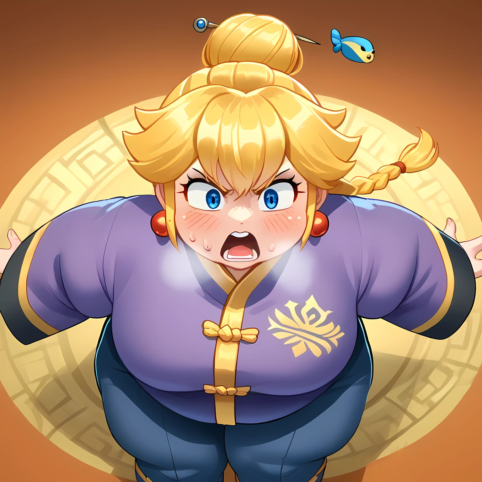 score_9, score_8_up, score_7_up, source_anime, 1girl, solo, IncrsPchKungFu, long hair, bangs, braid, single braid, braided ponytail, single hair bun, hair ornament, chinese clothes, long sleeves, pants, wide sleeves, jewelry, earrings, fighting pose, fight, raised leg, angry, swollen face, fat, chubby, obese, open mouth, out of breath, absurdres, highres icon, rating:General, confused, blush, {flustered}, nervous sweating, portrait, pov hands, hand on another's cheek, averting eyes, [looking away], straight-on, from above,  upper body, masterpiece, best quality, ultra-detailed, high resolution, 8K, 