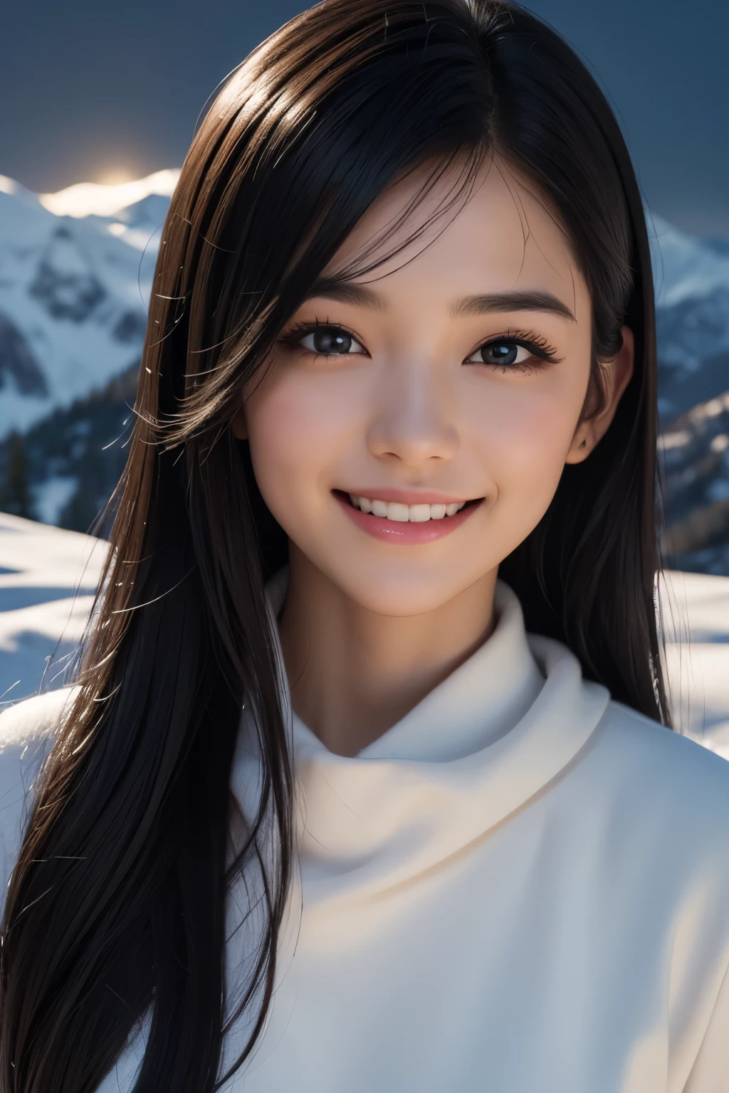 (ultra Realistic) , (illustration), (Enhance resolution), (8k), ( Extremely Detailed), ( detailed face ), Black Straight Hair, Slim Body, in the dark , deep shadow, low profile, pureerosfaceace_v1, Happy smile, Winter, Mountain