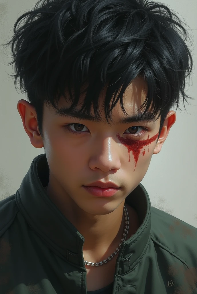 two hot man, portrait, wet body by Sweat and white sperm and blood all around his body, hair and face, advertise concept, confident, vogue magazine cover concept, shirtless, studio nature photo, grey wall, Wounded face due to a cut, with red blood face, sensual lips with blood and injury eyes, and break his face