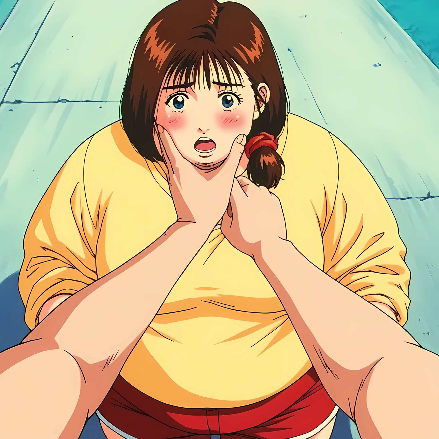 best quality,masterpiece,looking at viewer,absurdres,1girl,score_9,score_8_up,score_7_up,source_anime BREAK 1990s \(style\),retro artstyle,akagi haruko,blue eyes,brown hair,medium hair,shorts,shirt,outdoors,day,yellow shirt,sky,short sleeves,red shorts,scrunchie,braid, swollen face, fat, chubby, obese, open mouth, out of breath, absurdres, highres icon, rating:General, confused, blush, {flustered}, nervous sweating, portrait, pov hands, hand on another's cheek, averting eyes, [looking away], straight-on, from above,  upper body, masterpiece, best quality, ultra-detailed, high resolution, 8K, 