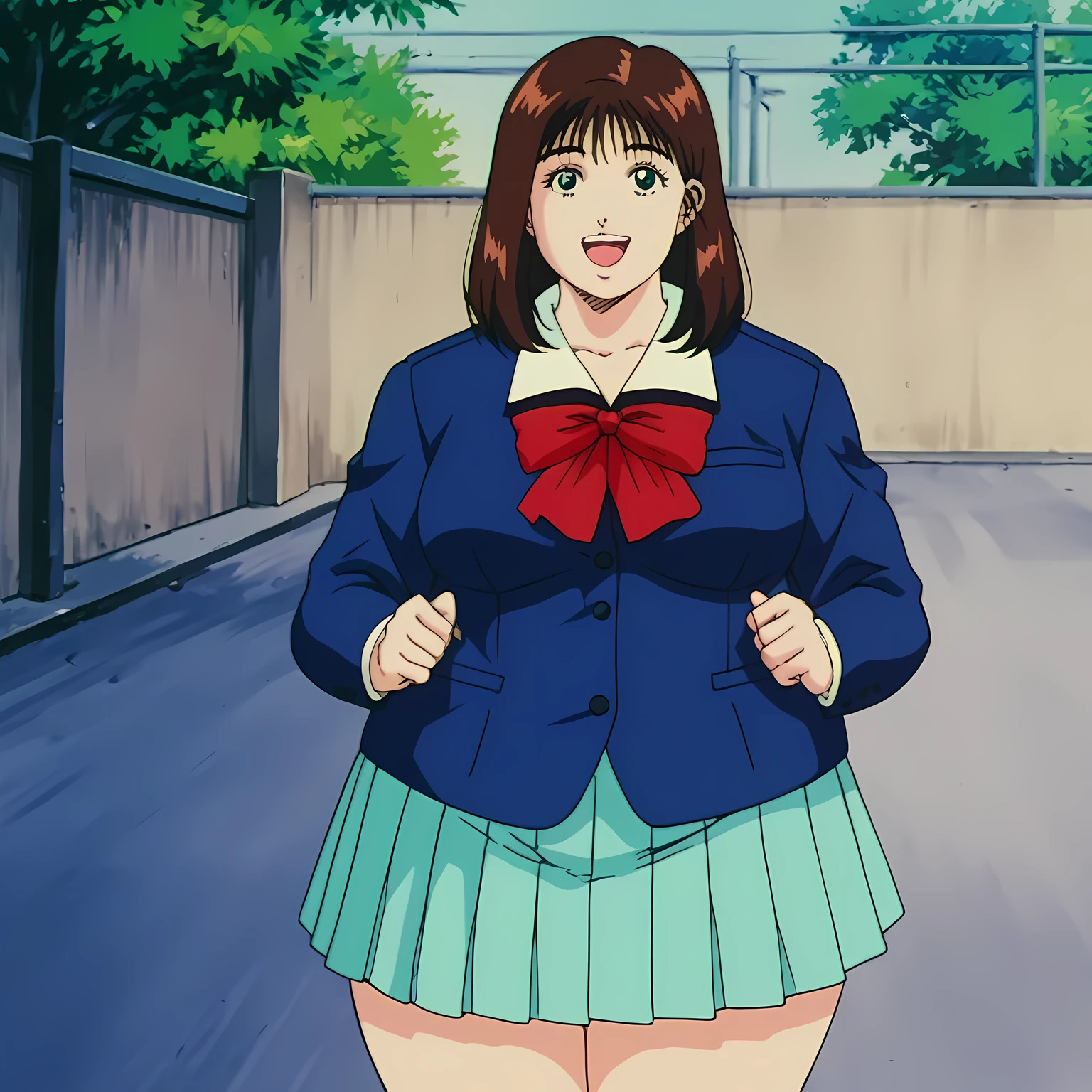 best quality,masterpiece,looking at viewer,absurdres,1girl,depth of field,score_9,score_8_up,score_7_up,source_anime BREAK 1990s \(style\),retro artstyle,akagi haruko,blue eyes,brown hair,medium hair,school uniform,jacket,blue jacket,blazer,red bow,bow,skirt,school,smile,cowboy shot, fat, chubby, obese, gigantic arms and legs, large breasts open mouth, out of breath