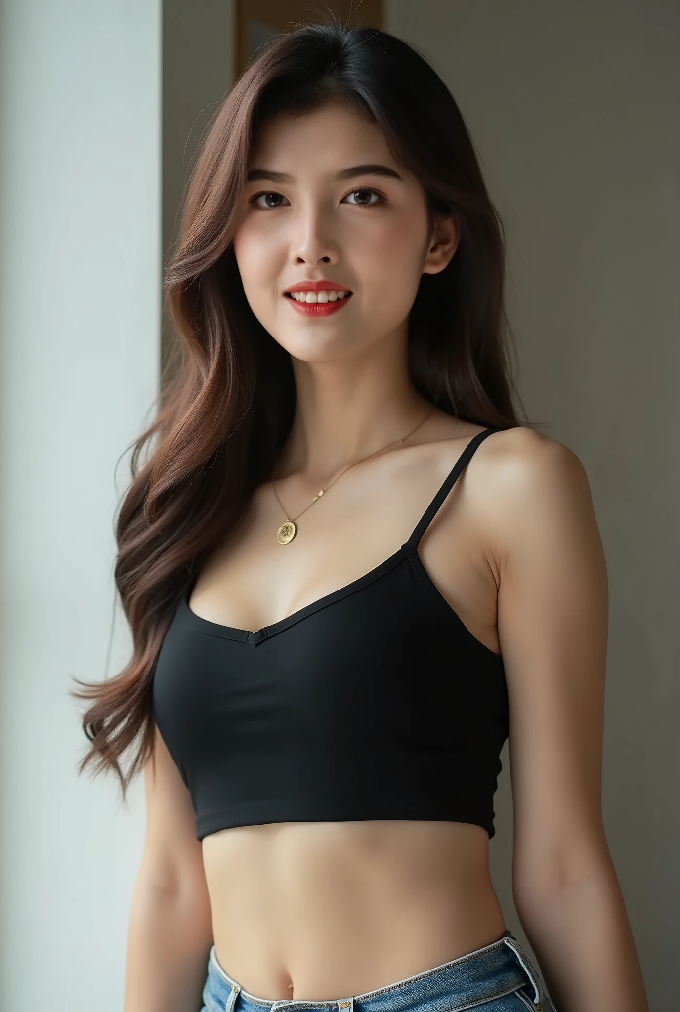 (8k, RAW Photo, Best Quality, Masterpiece:1.2), table top, Ultra Detail, Super Resolution, (Realistic, Realistic Photo:1.37), Portrait, High Detail RAW Color Photo, Professional Photo, Extremely Detailed and Beautiful, Extremely detailed, 8k wallpaper, amazing and detailed, huge file size, official art, highly detailed CG unity 8k wallpaper, highly detailed beautiful girl, highly detailed face, highly detailed eyes, highly detailed skin, highly detailed fingers, highly detailed nose, very detailed detailed mouth , perfect anatomy, highly detailed background, highly detailed clothes, 1girl, ,cute girl, realistic body, fair skin, glowing skin , slim body, handsome body, black hair , Semilong hair, (blunt bangs:1.2), smile, cute, youthful, cute face, realistic face, delicate eyes, drooping eyes, looking at viewer, (from behind), standing posture, Contraposto, dynamic lighting, (big breasts), (Perfect Body Proportions), (slender Body Proportions), tank top, jeans,
