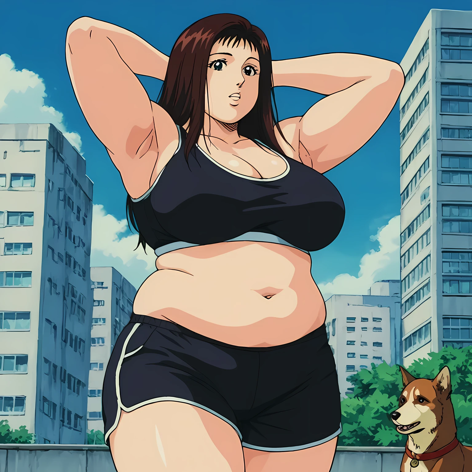 best quality,masterpiece,looking at viewer,absurdres,1girl,score_9,score_8_up,score_7_up,source_anime BREAK 1990s \(style\),retro artstyle,shimamura youko,black eyes,brown hair,long hair,armpits,arms behind head,arms up,bike shorts,black shorts,black sports bra,blue sky,breasts,building,cleavage,cloud,cowboy shot,dog,long sleeves,midriff,navel,outdoors,parted lips,presenting armpit,shorts,sky,sports bra,standing,standing on one leg,, fat, chubby, obese, gigantic arms and legs, large breasts open mouth, out of breath