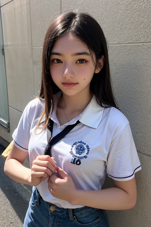 (Masterpiece, Highest quality:1.2), 8K, beautiful girl, 85mm,OFFICIAL AR RAW PHOTO, young face、big breasts、Show me your ears..、photography, Cute face, thigh, classroom after school, looking at the audience, Embarrassing、smile、 makeup, Film texture, Chromatic aberration, Sharp focus, face light, clear light, ten generations, detailed face, background bokeh、((((((15 year old high school girl))))))、Thin waist., หน้าอกbare, Not wearing a shirt, bare