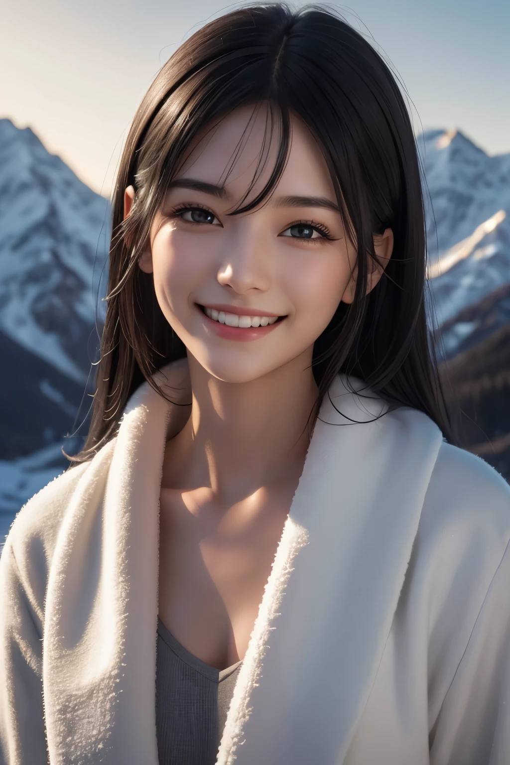 (ultra Realistic) , (illustration), (Enhance resolution), (8k), ( Extremely Detailed), ( detailed face ), Black Straight Hair, Slim Body, in the dark , deep shadow, low profile, pureerosfaceace_v1, Happy smile, Winter, Mountain