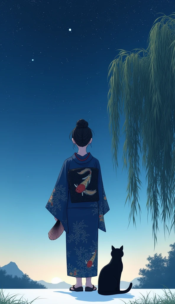 The theme is "Japanese Yukata", a woman in a yukata with a navy blue morning glory flower pattern on a white background is seen from behind, she is wearing women's geta sandals, a thin crescent moon shines in the sky, summer constellations, evening cool, the woman is holding a fan, a black cat at the woman's feet, willow branches swaying in the breeze, painted at a slightly low angle, in the style of an elegant Japanese painting, 8K quality