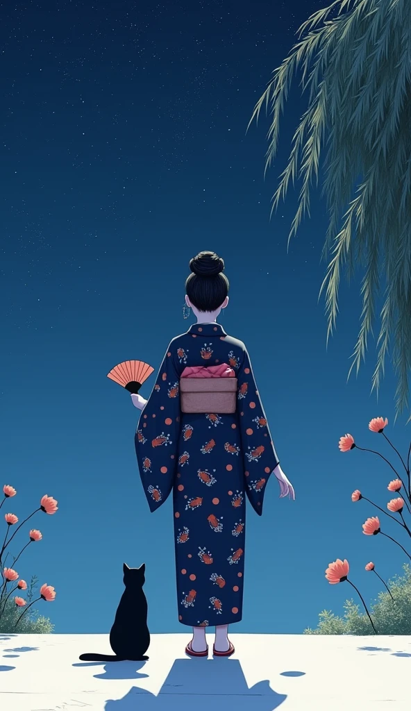 The theme is "Japanese Yukata", a woman in a yukata with a navy blue morning glory flower pattern on a white background is seen from behind, she is wearing women's geta sandals, a thin crescent moon shines in the sky, summer constellations, evening cool, the woman is holding a fan, a black cat at the woman's feet, willow branches swaying in the breeze, painted at a slightly low angle, in the style of an elegant Japanese painting, 8K quality