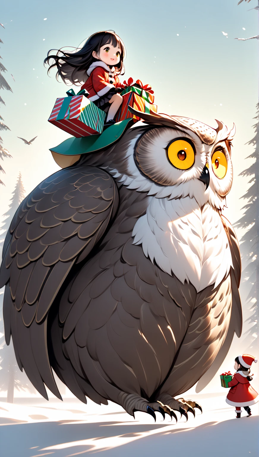  A girl is riding a giant owl , Distribute presents instead of Santa Claus ，Hzk,    Ultra Miniature Girl   , 