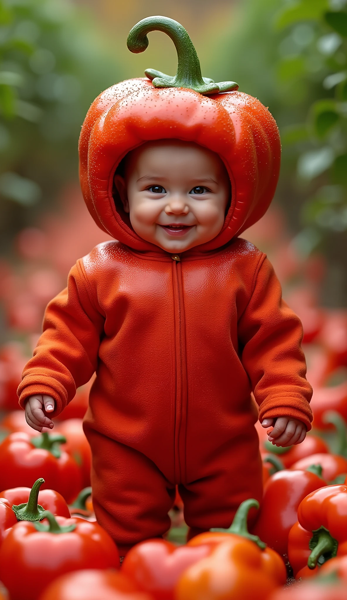  a baby standing wearing a large, lifelike paprika costume、The face is real、 a 6-month-old baby 、 cute、smile、Like a photo、 lots of bell peppers at her feet 、The face is real、 glitter、The background is a paprika field 