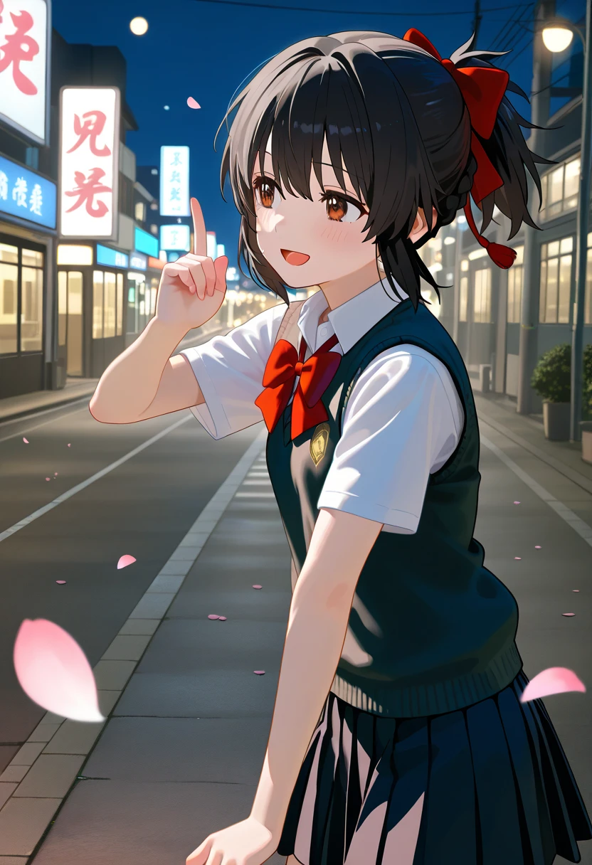  Ultra Realistic Photo  、  RAW photo 、  realism 、  3d rendering、 Unity Engine,BREAK 1young girl, black hair,  Short Ponytail ,  hair bow,  brown eyes,  school uniform,  red bow tie,  colored shirt ,  white shirt, Short sleeve,  pleated skirt,  black skirt ,orenge Sweater Vest,BREAK standing,  cowboy shot,  outdoors on the street at night, smile,   Open Mouth ,  reach,  petals,1finger