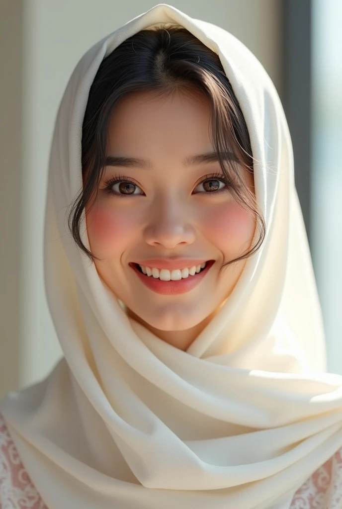 a gorgeous middle-aged busty indonesian hot mom, hijab, formal suit, beautiful smile showing teeth, pov, lover, cinematic lighting, (best quality,4k,8k,highres,masterpiece:1.2),ultra-detailed,(realistic,photorealistic,photo-realistic:1.37),HDR,UHD,studio lighting,ultra-fine painting,sharp focus,physically-based rendering,extreme detail description,professional,vivid colors,bokeh,portrait,photorealistic,cinematic,dramatic lighting