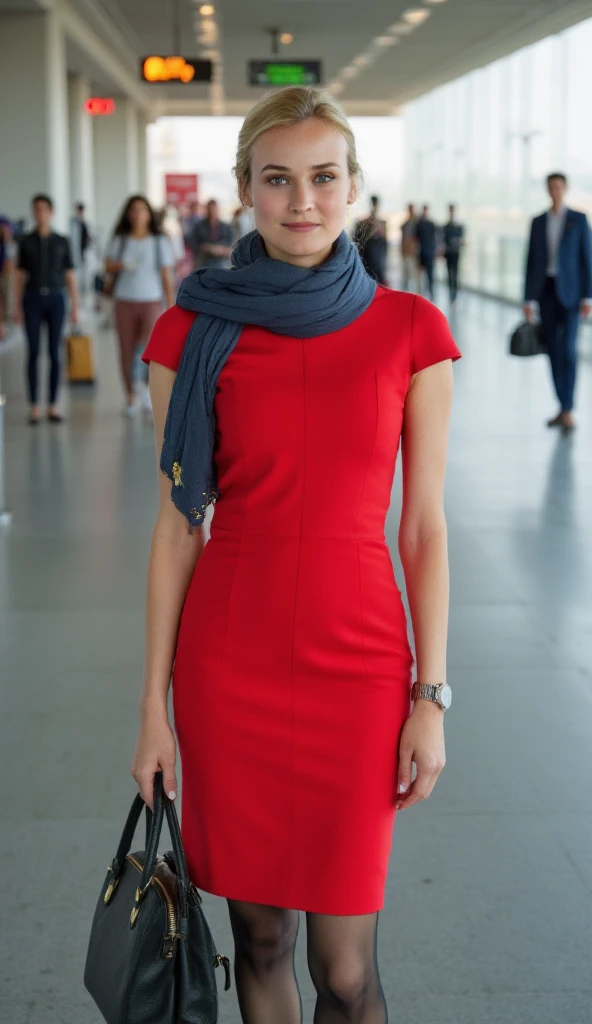 Photographic, Front view, standing pose,  looking at viewer,  female, 20-age, (light blonde hair, chignon , mole under , fringe, little smile), (middle breasts, slender whist, middle hip) , new German Stewardess, (Scarlet Flight attendant uniform, Scarlet long pencil skirt , blue scarf ,black stocking, black heals), 1 bag, lady's watch,  in Tokyo Haneda airport,( super detailed, High Details , High Quality , Accurate, anatomically correct , textured skin, beautiful fingers super detailed, High Details , High Quality , High Quality )