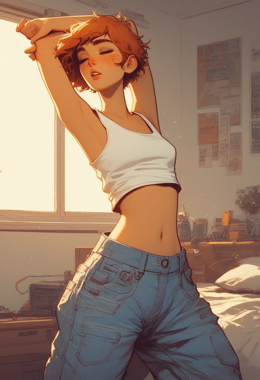 score_9, score_8_up, score_8_up, 1girl, solo, woman wearing baggy jeans, 22 years old, short messy ginger hair, tank top, midriff, stretching, thin crop top, small breasts, freckles, bedroom, morning, warm lightings,  dark eyebrows