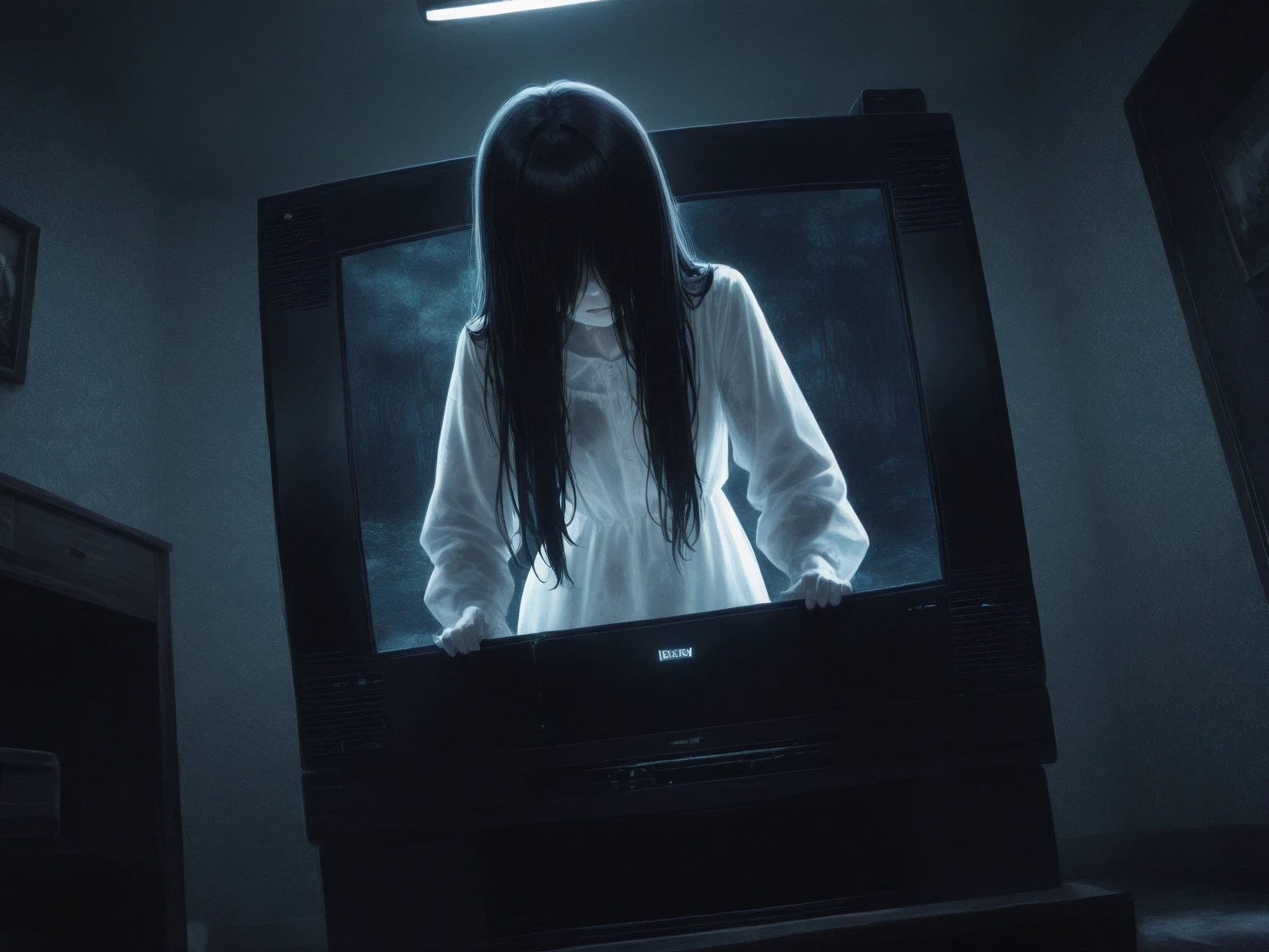 solo,sadako yamamura\(\(the onryo\),long black hair,faceless,hair over face,dirty white dress with sleeves,front face, hair over eyes, black hair, long hair, pale skin, white dress, wet clothes,cute,sexy,leaning to front,show 1eye,looking down,pale skin,inside the wide TV-monitor\(noisy grain\) at the very dark room\), horror \(theme,mood\),. BREAK .quality\(8k,wallpaper of extremely detailed CG unit, high resolution, top-quality, top-quality real texture skin, hyper realistic, increase the resolution, RAW photos, best quality, highly detailed, the wallpaper, golden ratio, high saturation realism, vibrant colors, dramatic lighting, persuasive storytelling, atmospheric scenery, captivating visuals, intricate details, strong emotions, dreamlike world\),dynamic angle,dutch angle,