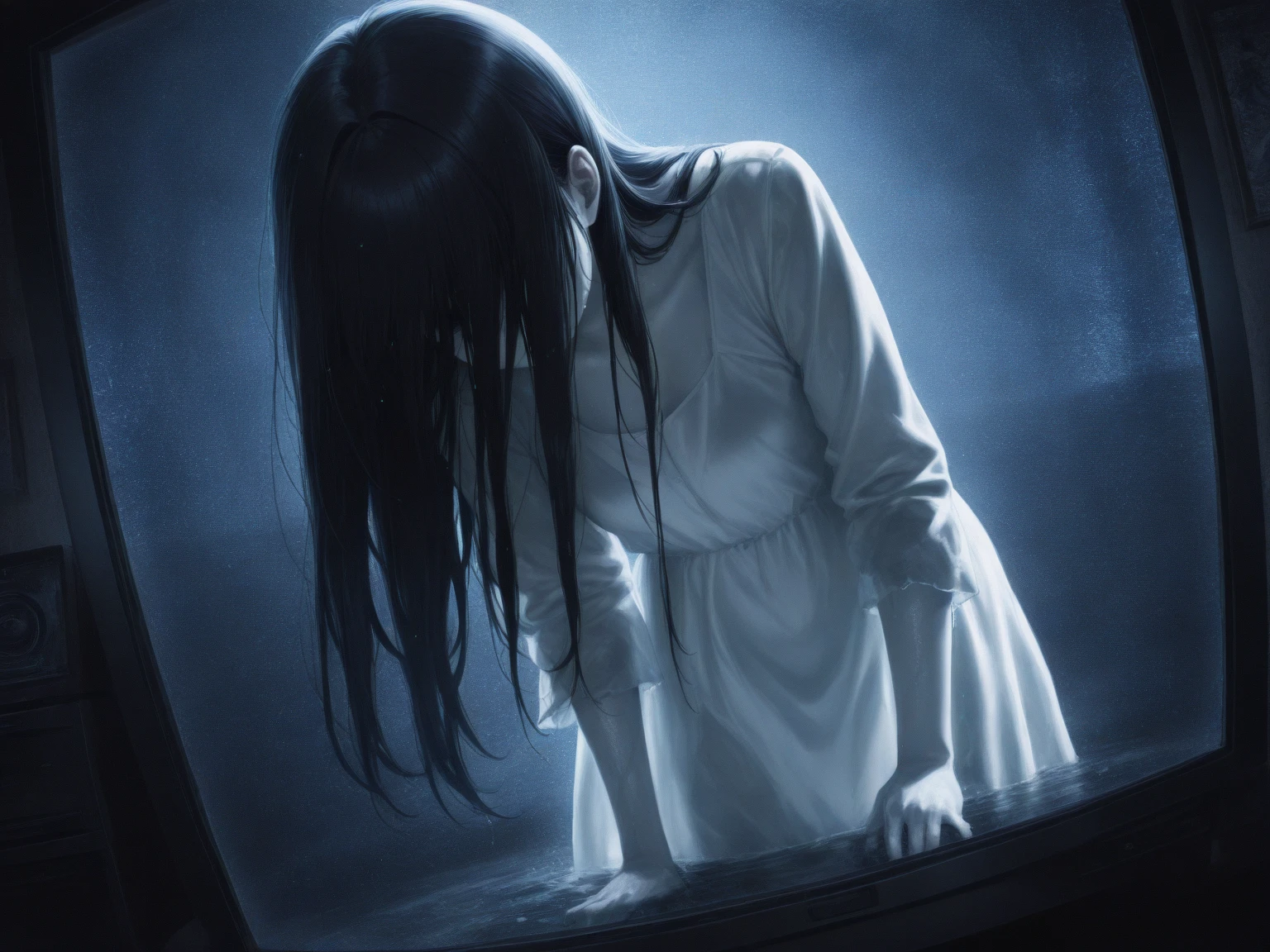 solo,sadako yamamura\(\(the onryo\),long black hair,faceless,hair over face,dirty white dress with sleeves,front face, hair over eyes, black hair, long hair, pale skin, white dress, wet clothes,cute,sexy,leaning to front,show 1eye,looking down,pale skin,inside the wide TV-monitor\(noisy grain\) at the very dark room\), horror \(theme,mood\),. BREAK .quality\(8k,wallpaper of extremely detailed CG unit, high resolution, top-quality, top-quality real texture skin, hyper realistic, increase the resolution, RAW photos, best quality, highly detailed, the wallpaper, golden ratio, high saturation realism, vibrant colors, dramatic lighting, persuasive storytelling, atmospheric scenery, captivating visuals, intricate details, strong emotions, dreamlike world\),dynamic angle,dutch angle,