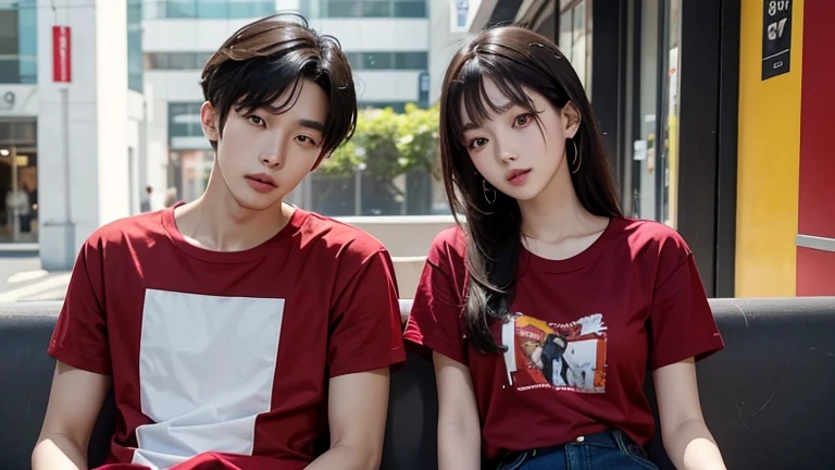 1 girl, 1 boy, ideal , Wearing a striped patterned t-shirt, Colorful photo spot background, Korean couple