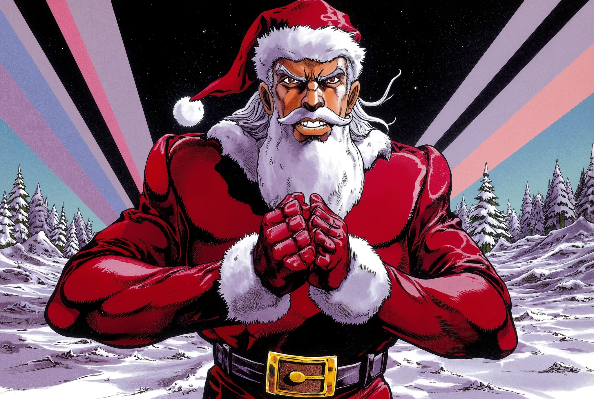 (masterpiece:1.2,Premium Quality , Mirror Finish , cinematic experience , Best illustrations:2.0, super detailed ),8k,16k,( wallpaper:2.0),("I refuse!"Santa Claus with the text:2.0),(JOJO&#39;s Bizarre Adventure style:2.0)