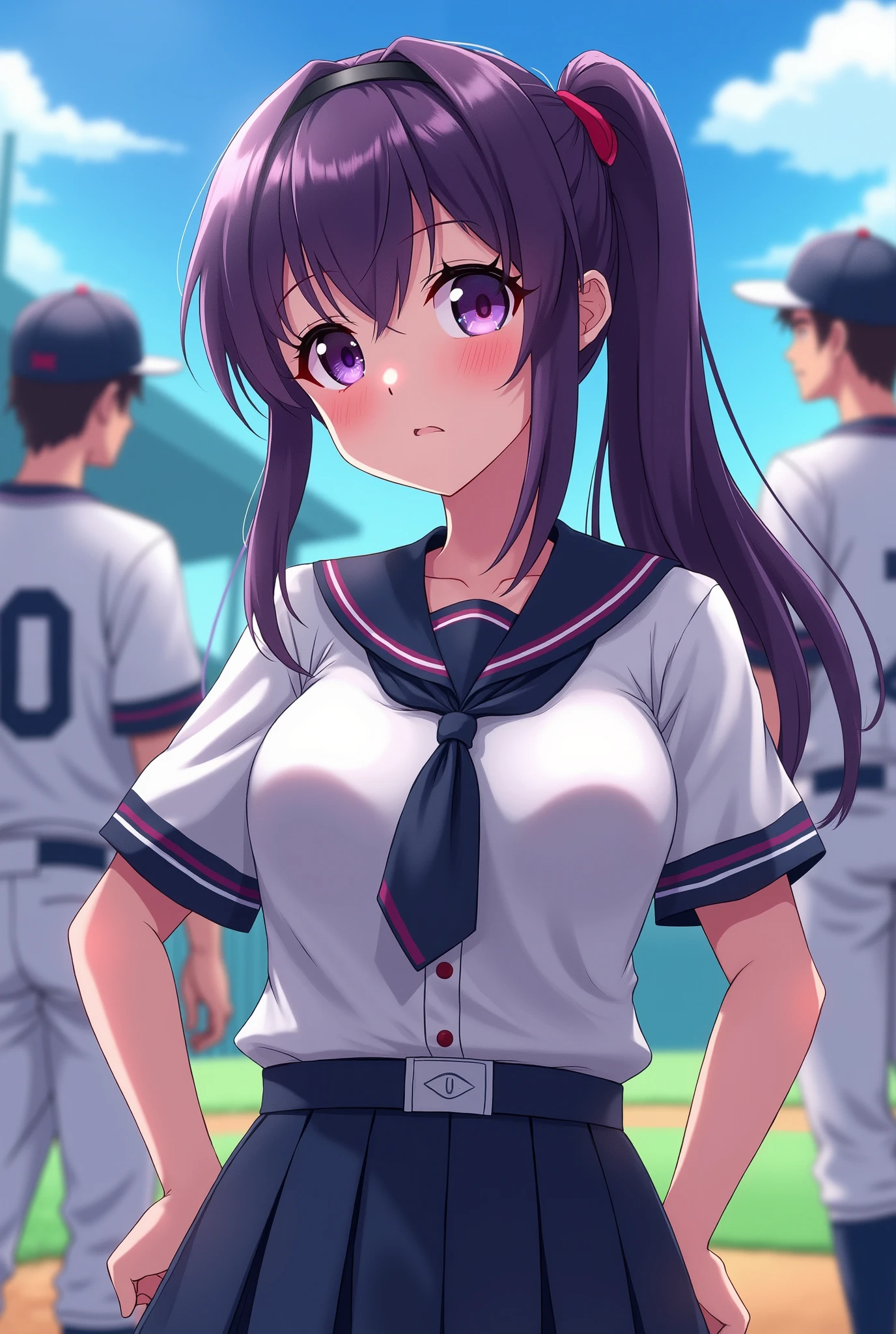 One Woman、beautiful girl、high school girl、Baseball uniforms、Yankees uniforms、Baseball cap、ponytail、Long Hair、baseball Ground、The stands are full、Highest quality,  Black Hair、Sweaty body、Vulgar smile、Fullback panties、Squat with your legs apart、Feeling Face、Several men groping a woman&#39;s crotch、Exposing her breasts to show to the viewers、A lot of penises around a lot of baseball players、、Cum on my face、Massive Cumshot、deep throat、Vacuum、Handjob