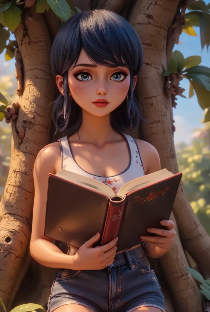 masterpiece, best quality, ultra-detailed), portrait of an 18-year-old woman with light brown hair, curled green eyes, beige blouse and blue jeans smiling blue shorts sung from under a tree (leaning against the tree) and reading a brown book -auto utra realistic --  