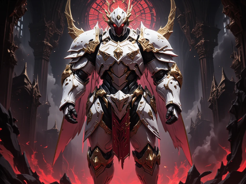  is possessed by a demon, a holy knight commander. Full Body Mechanized Image of an Adult Male. Robotic Muscle-Developed Body . wearing sacred white gold holy knight armor . Eyes Deep Red .Golden Mechanic Wings. standing inside a mysterious black and red church.Bold composition .COUNTLESS KNIGHT FOLLOWERS.Full body image with dark red glow in the eyes。He boldly stands in a mysterious black and red mechanical church， composition underlines his majestic presence 。 lights are very striking ， shadows cast by him highlight his armor and the church's bizarre atmosphere ，Mechanic robot ，Future Mechanism ， Cyberpunk 
