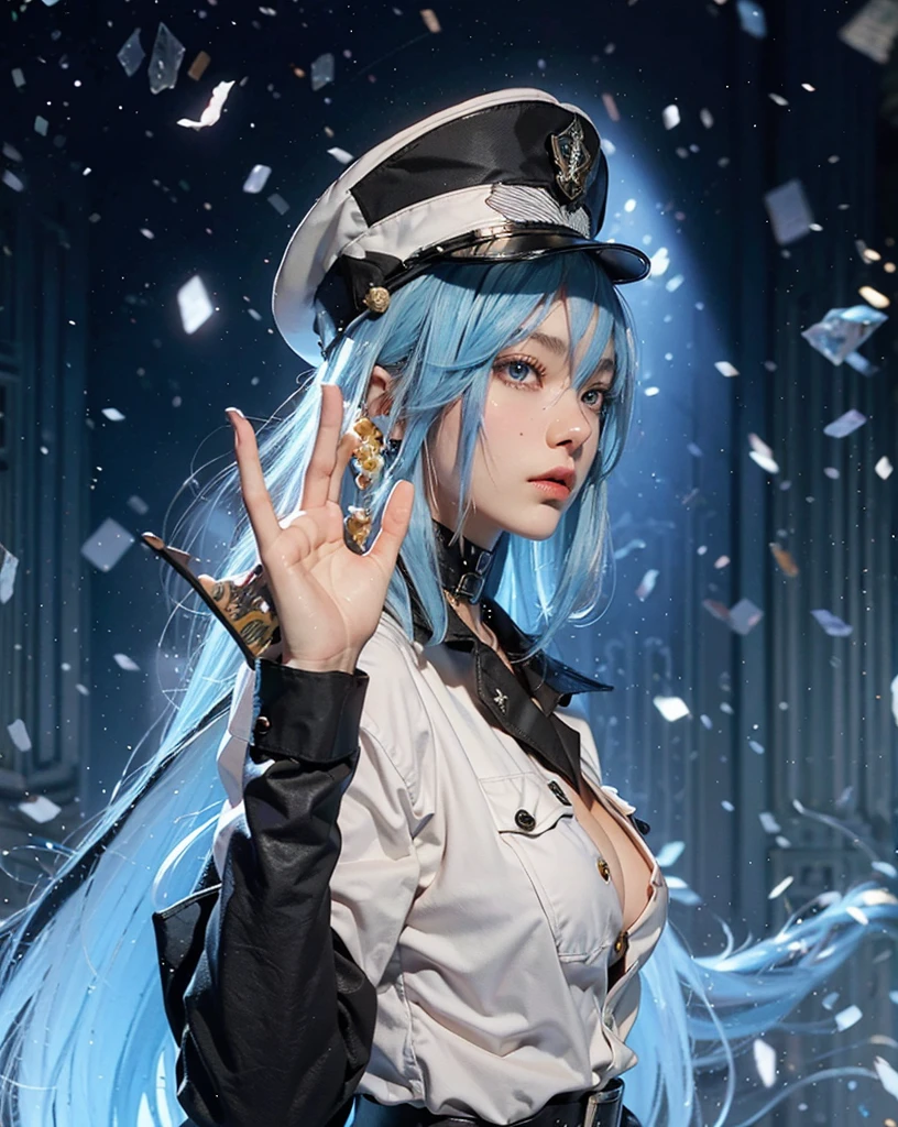  ((ESDEATH_AKAME GA KILL)),((realistic, photorealistic)),(highlight hair)), Light reflection, (( HD )),((upper body)), (((best quality, masterpiece))), (masterpiece) (best quality) (detail) (8k) (HDR) (wallpaper) (cinematic lighting) (sharp focuasterpiece, best quality: 1.1), Real life adaption of this character, Asian teen beauty face, Shining Purple eyes, realistic outfit, realistic shadow, realistic light, realism, hyper realistic, realistic background,(photorealistic:1.2), masterpiece, best quality, 1girl,((masterpiece,best quality)), esdeath, esdeath, blue eyes, blue hair, long hair, boots, choker, cleavage, collarbone, hat, ice, military, military uniform, peaked cap, thigh boots, thighhighs, uniform, shirt, cleavage, open clothes, open shirt, naked shirt, long sleeves, collared shirt, tattoo, blue aura sparkles around the character, floating snow particles, long blue hair, 1 girl, solo,