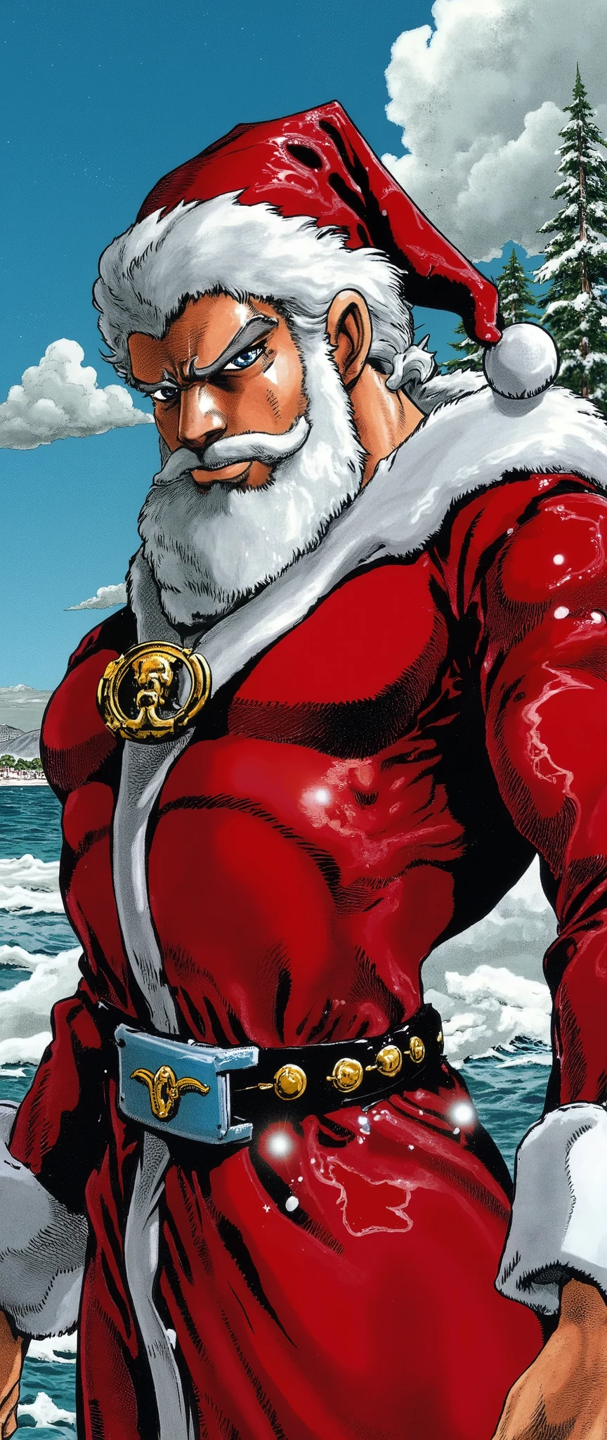 (masterpiece:1.2,Premium Quality , Mirror Finish , cinematic experience , Best illustrations:2.0, super detailed ),8k,16k,( wallpaper:2.0),("I refuse!"Santa Claus with the text:2.0),(JOJO&#39;s Bizarre Adventure style:2.0)