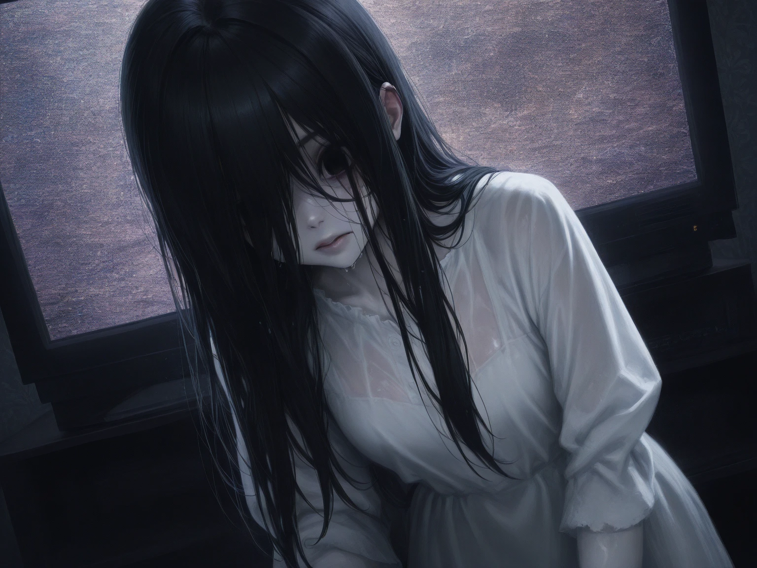 solo,sadako yamamura\(\(the onryo\),long black hair,faceless,hair over face,dirty white dress with sleeves,front face, hair over eyes, black hair, long hair, pale skin, white dress, wet clothes,cute,sexy,leaning to front,show 1eye,looking down,pale skin,hand toward viewer,inside the wide TV-monitor\(noisy grain\) at the very dark room\), horror \(theme,mood\),. BREAK .quality\(8k,wallpaper of extremely detailed CG unit, high resolution, top-quality, top-quality real texture skin, hyper realistic, increase the resolution, RAW photos, best quality, highly detailed, the wallpaper, golden ratio, high saturation realism, vibrant colors, dramatic lighting, persuasive storytelling, atmospheric scenery, captivating visuals, intricate details, strong emotions, dreamlike world\),dynamic angle,dutch angle,