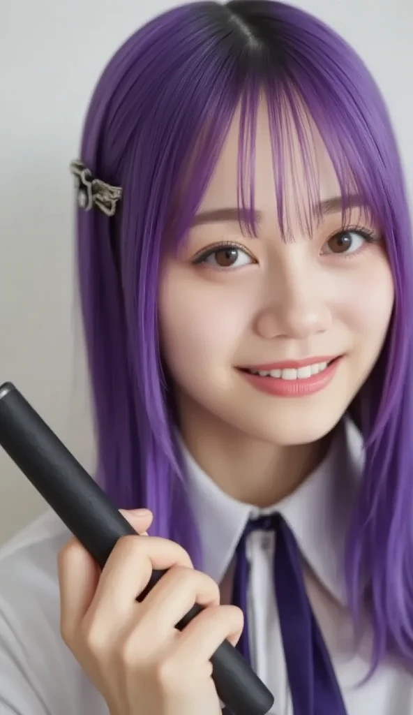   closeup of a person with purple hair and purple tie ,  Style anime  ,   anime Moe art style ,  sword zero video game character ,  future anime girl , Portrait anime Space Cadet Girl,  Woman with a close-up sword ,   closeup  ,   anime stylized  , Glowing purple eyes, In anime style, Anime style 3D