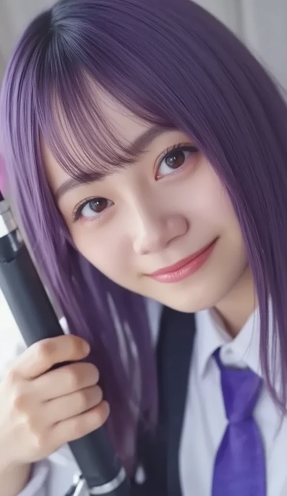   closeup of a person with purple hair and purple tie ,  Style anime  ,   anime Moe art style ,  sword zero video game character ,  future anime girl , Portrait anime Space Cadet Girl,  Woman with a close-up sword ,   closeup  ,   anime stylized  , Glowing purple eyes, In anime style, Anime style 3D