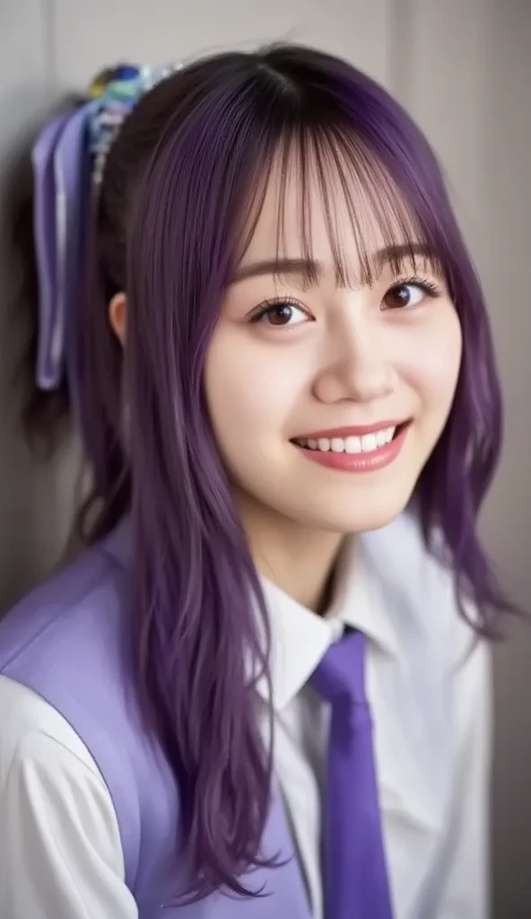   closeup of a person with purple hair and purple tie ,  Style anime  ,   anime Moe art style ,  sword zero video game character ,  future anime girl , Portrait anime Space Cadet Girl,  Woman with a close-up sword ,   closeup  ,   anime stylized  , Glowing purple eyes, In anime style, Anime style 3D