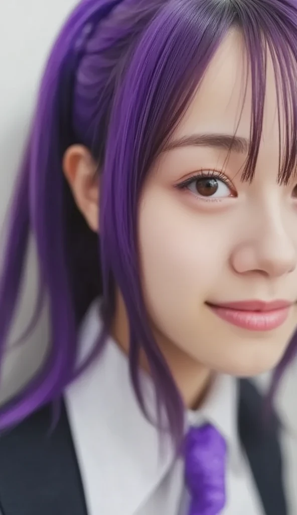   closeup of a person with purple hair and purple tie ,  Style anime  ,   anime Moe art style ,  sword zero video game character ,  future anime girl , Portrait anime Space Cadet Girl,  Woman with a close-up sword ,   closeup  ,   anime stylized  , Glowing purple eyes, In anime style, Anime style 3D