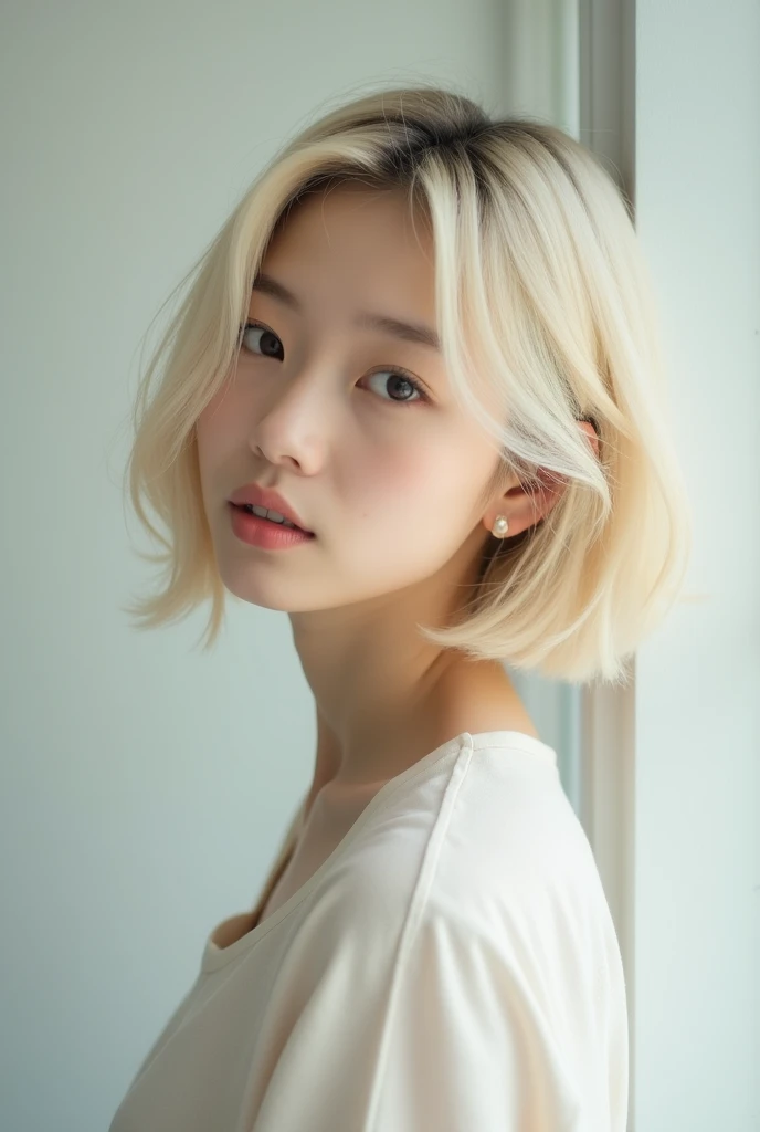 Genuine、(8k)、Japanese、woman、White skin、Shyness、Oversized T-shirt、I'I was so embarrassed that my cheeks turned red.、Shading、Big Breasts、With bangs、Blonde Short Hair、I can see the valley、