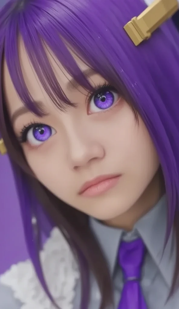   closeup of a person with purple hair and purple tie ,  Style anime  ,   anime Moe art style ,  sword zero video game character ,  future anime girl , Portrait anime Space Cadet Girl,  Woman with a close-up sword ,   closeup  ,   anime stylized  , Glowing purple eyes, In anime style, Anime style 3D