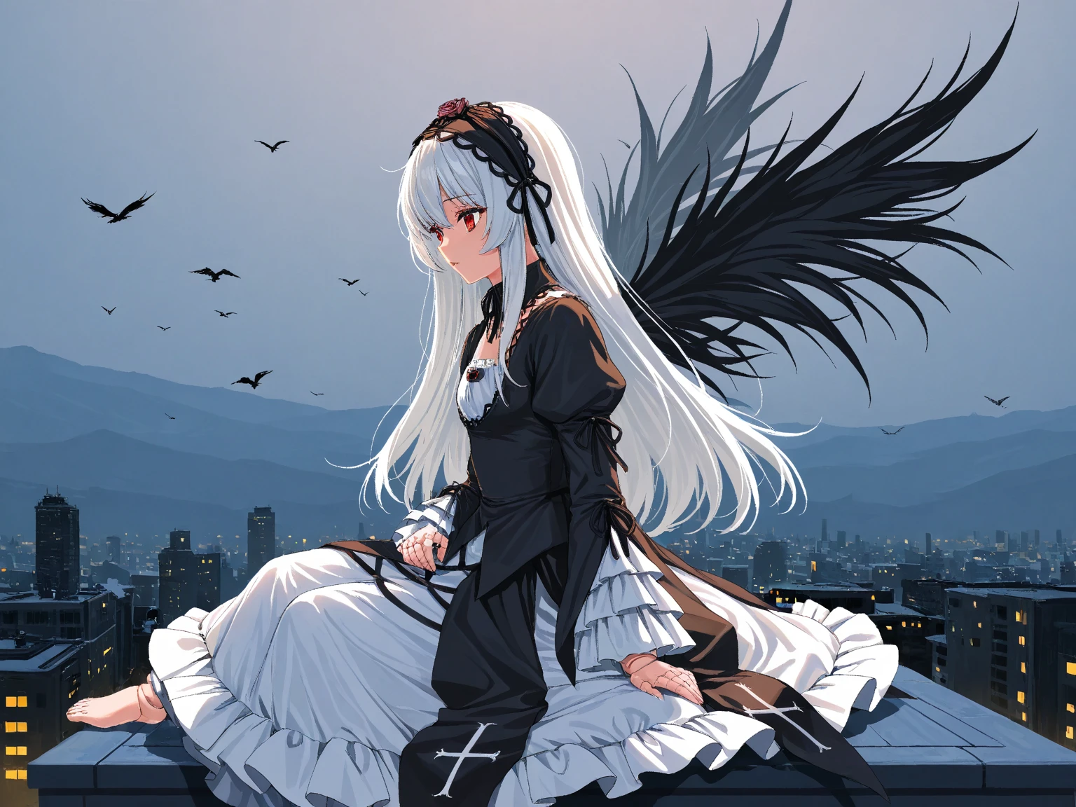 solo,1girl\(suigintou\(rosen maiden\),doll,small, suigint0u, doll joints, white hair, black hairband, black wings,frills, black dress, detached collar, black ribbon, long sleeves, frilled sleeves, puffy sleeves,cute,full body,from side,lonely\).sitting at the roof.midnight,dark night. cityscape, landscape. anthro. BREAK .quality\(8k,wallpaper of extremely detailed CG unit, high resolution, top-quality, top-quality real texture skin, hyper realistic, increase the resolution, RAW photos, best quality, highly detailed, the wallpaper, golden ratio, high saturation realism, vibrant colors, dramatic lighting, persuasive storytelling, atmospheric scenery, captivating visuals, intricate details, strong emotions, dreamlike world\).dynamic angle