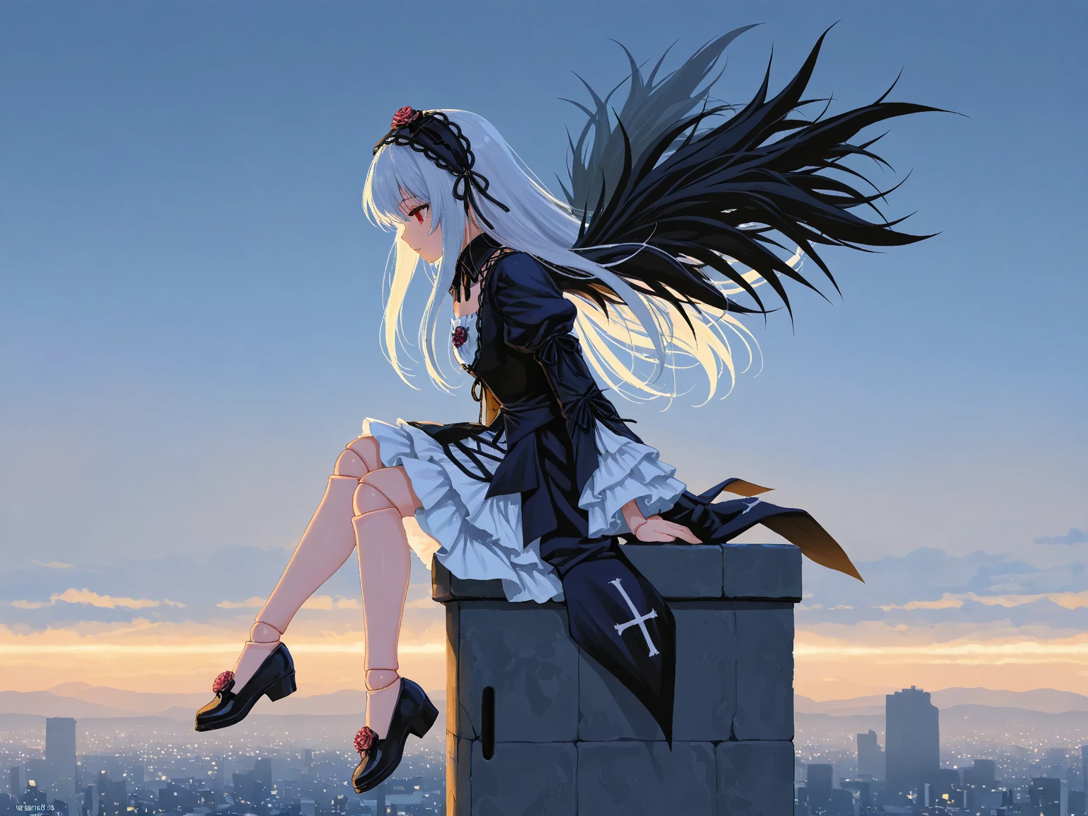 solo,1girl\(suigintou\(rosen maiden\),doll,small, suigint0u, doll joints, white hair, black hairband, black wings,frills, black dress, detached collar, black ribbon, long sleeves, frilled sleeves, puffy sleeves,cute,full body,from side,lonely\).sitting at the roof.midnight,dark night. cityscape, landscape. anthro. BREAK .quality\(8k,wallpaper of extremely detailed CG unit, high resolution, top-quality, top-quality real texture skin, hyper realistic, increase the resolution, RAW photos, best quality, highly detailed, the wallpaper, golden ratio, high saturation realism, vibrant colors, dramatic lighting, persuasive storytelling, atmospheric scenery, captivating visuals, intricate details, strong emotions, dreamlike world\).dynamic angle