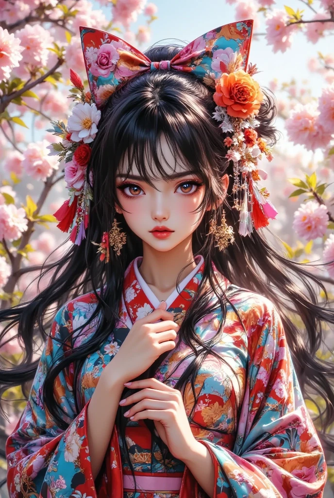 a beautiful japanese woman wearing a traditional yukata, detailed intricate yukata pattern, delicate facial features, long black hair, serene expression, standing in a cherry blossom garden, soft natural lighting, muted pastel colors, cinematic composition, (best quality,4k,8k,highres,masterpiece:1.2),ultra-detailed,(realistic,photorealistic,photo-realistic:1.37),intricate kimono art,elegant pose,thoughtful gaze