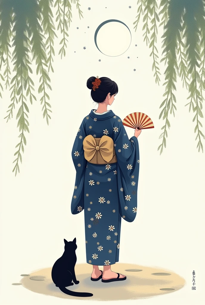 The theme is "Japanese Yukata", a woman in a yukata with a navy blue morning glory flower pattern on a white background is seen from behind, she is wearing women's geta sandals, a thin crescent moon shines in the sky, summer constellations, evening cool, the woman is holding a fan, a black cat at the woman's feet, willow branches swaying in the breeze, painted at a slightly low angle, in the style of an elegant Japanese painting, 8K quality