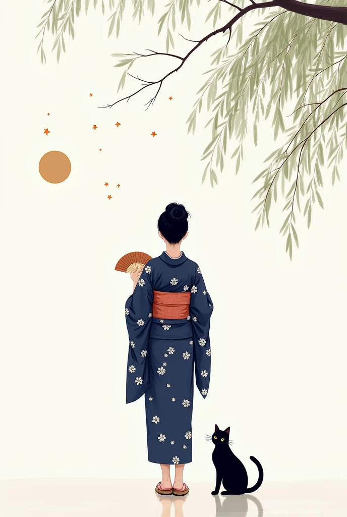 The theme is "Japanese Yukata", a woman in a yukata with a navy blue morning glory flower pattern on a white background is seen from behind, she is wearing women's geta sandals, a thin crescent moon shines in the sky, summer constellations, evening cool, the woman is holding a fan, a black cat at the woman's feet, willow branches swaying in the breeze, painted at a slightly low angle, in the style of an elegant Japanese painting, 8K quality