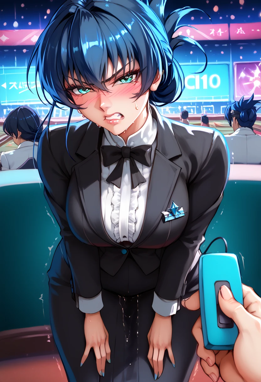 Igawa_Asagi, dark blue hair, long hair,  folded ponytail,hair between eyes, aqua eyes, large breasts,score_9, score_8_up, score_7_up, perfect hands, perfect finger,perfect anatomy, masterpiece, best quality,realistic, hyperrealistic, 16k hdr,1 mature female,tuxedo,indoor,(casino),standing,leaning forward,sweat,(red blush,angry,orgasm:1.2),(POV holding remote controller),(motion lines:1.2),,(love juice:1.2),