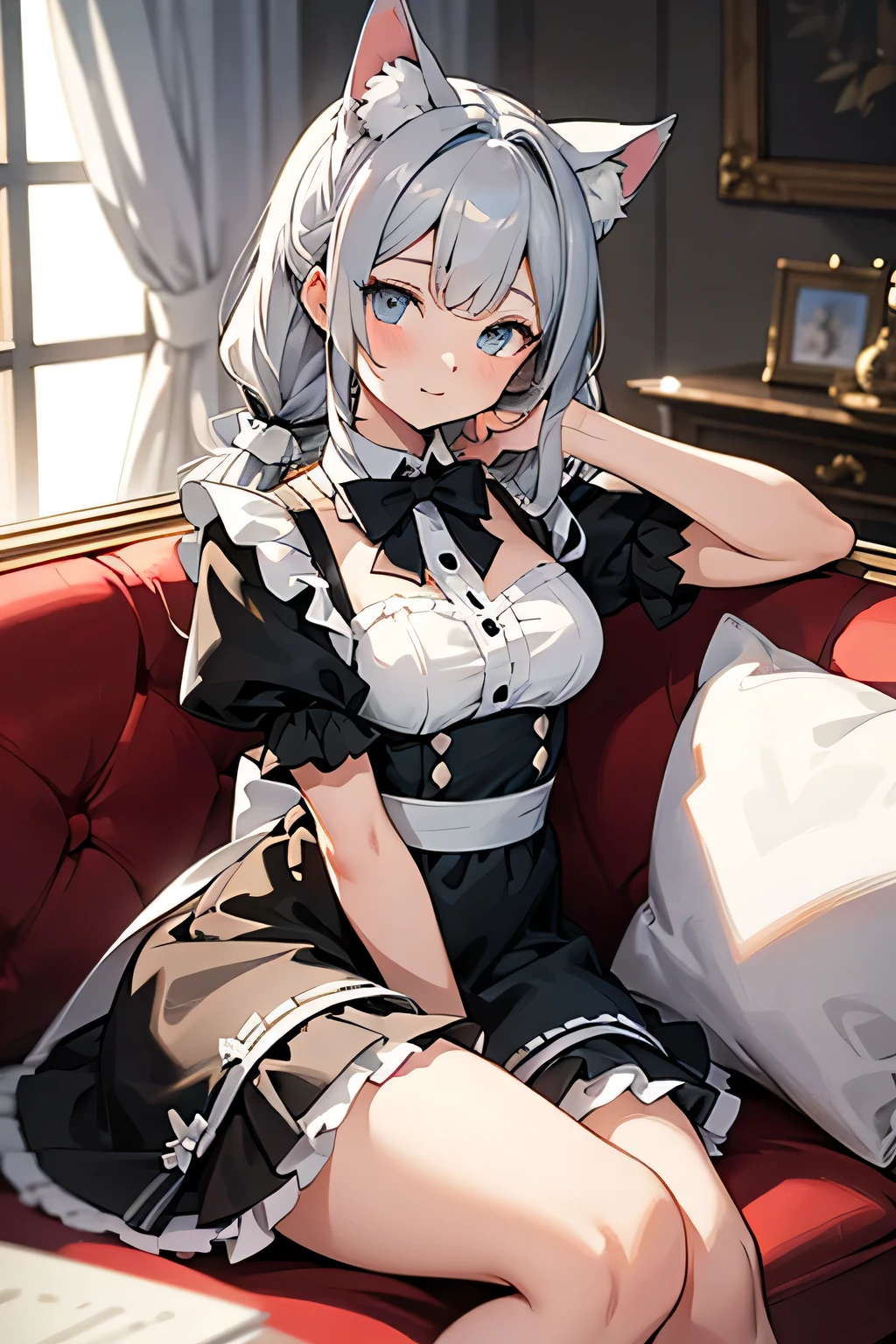 An anime-style illustration of a cute catgirl sitting on a red sofa. The character is a young girl with silver-gray hair styled in twin ponytails, adorned with blue hairpins. She has fluffy black and white cat ears, blue expressive eyes, and a soft, shy expression on her face. She is wearing a black and white frilly maid outfit with a bow tie, puffed sleeves, and lace accents. The setting is a cozy, well-lit room with a red couch as the main piece of furniture. The character's pose is relaxed, holding the edge of her dress lightly, and her pale legs are visible. The lighting is soft and natural, highlighting her face and outfit details. The overall tone is detailed, clean, and polished, with a focus on her cute and elegant appearance. High-quality, vibrant colors, soft shading, and intricate details on the character's outfit and hair, anime, detailed, soft shading, vibrant, high quality, cute, catgirl, maid outfit, cozy setting