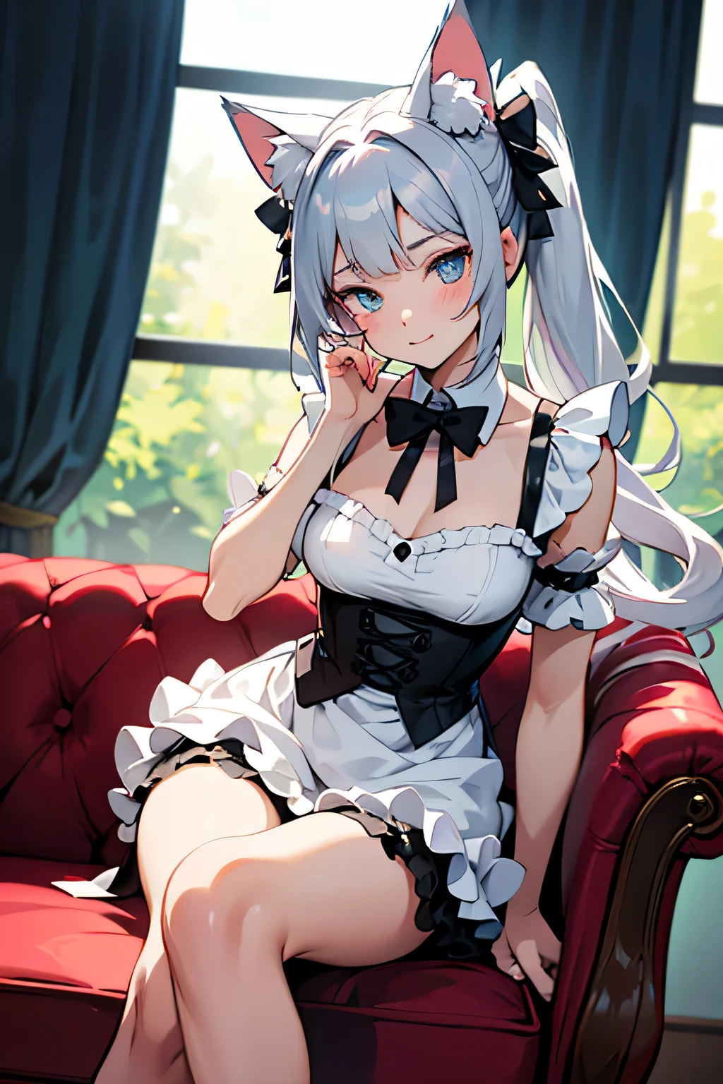 An anime-style illustration of a cute catgirl sitting on a red sofa. The character is a young girl with silver-gray hair styled in twin ponytails, adorned with blue hairpins. She has fluffy black and white cat ears, blue expressive eyes, and a soft, shy expression on her face. She is wearing a black and white frilly maid outfit with a bow tie, puffed sleeves, and lace accents. The setting is a cozy, well-lit room with a red couch as the main piece of furniture. The character's pose is relaxed, holding the edge of her dress lightly, and her pale legs are visible. The lighting is soft and natural, highlighting her face and outfit details. The overall tone is detailed, clean, and polished, with a focus on her cute and elegant appearance. High-quality, vibrant colors, soft shading, and intricate details on the character's outfit and hair, anime, detailed, soft shading, vibrant, high quality, cute, catgirl, maid outfit, cozy setting
