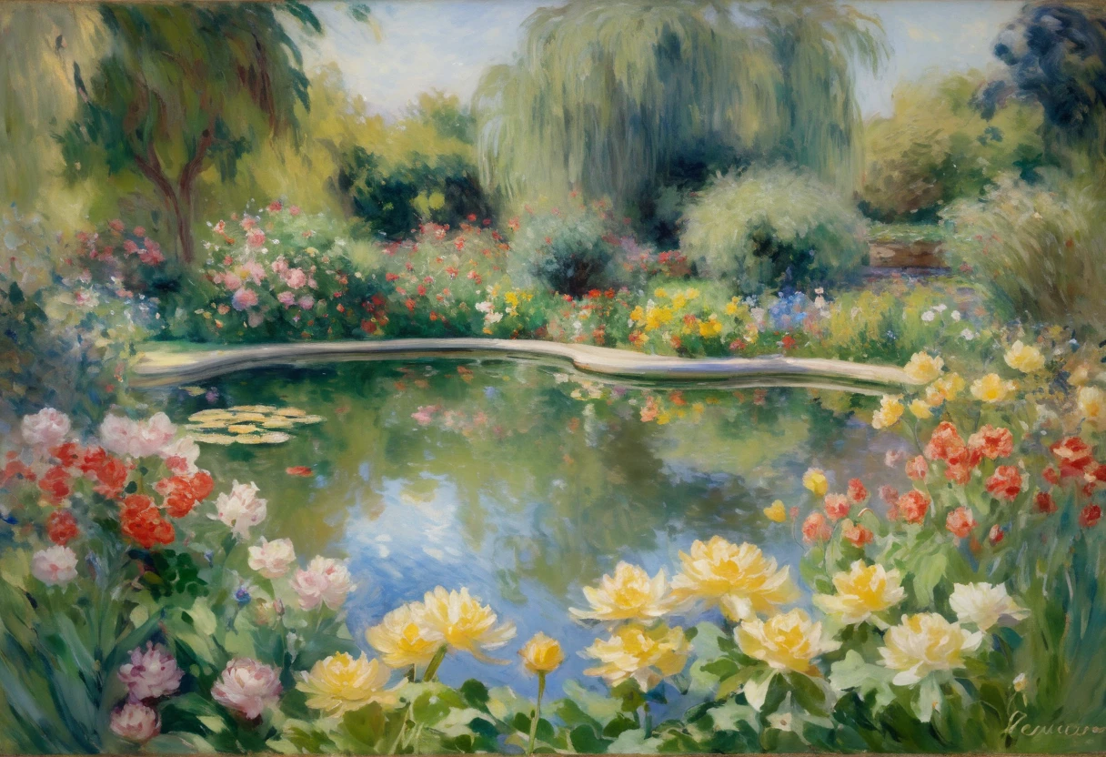 Garden painting with pond and flowers in the foreground, garden Pond Scene, Painting in the style of Renoir, Hernán Bás, by Blanche Hoschedé Monet, Colin Campbell Cooper Speed ​​Art, 1 9 2 7 Oil on canvas, French Impressionism, Pond Scene, by Dorothy Cora, Oil on canvas (1921)”