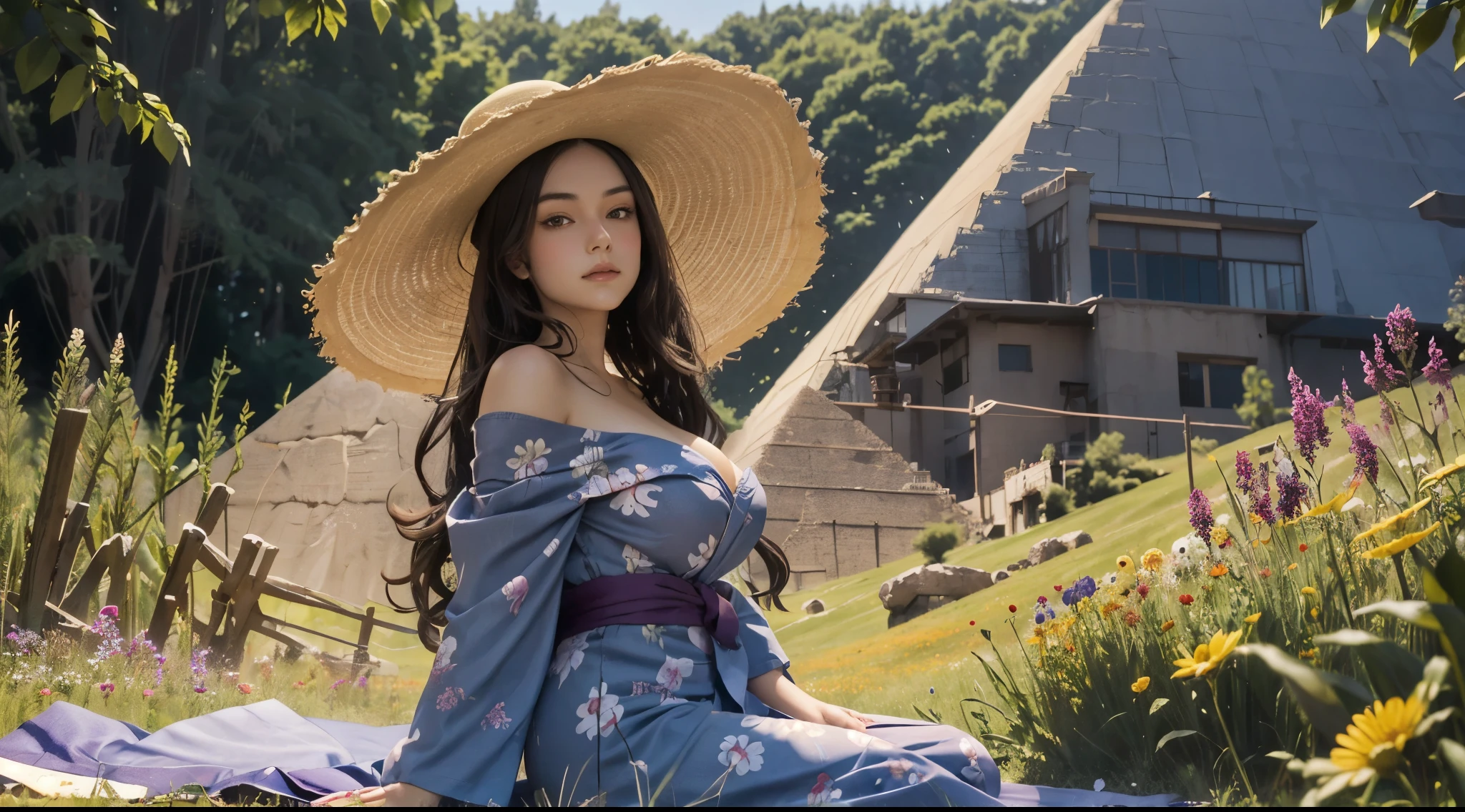 girl, from side, sitting, shoulder, see-through off-shoulder dress, very huge breasts, wide hat, wavy long hair, looking at viewer, meadow with dots of wildflowers, warmth of golden hour, tyndall effect, cinematic, pyramid, explorer, yukata, bright color yukata, mystical light, mystical scene,