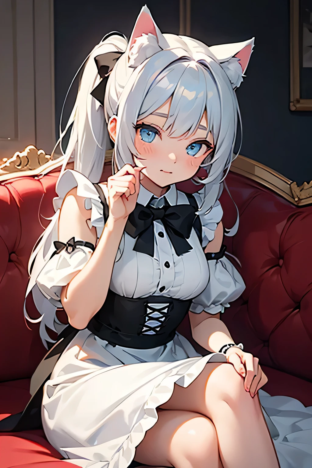 An anime-style illustration of a cute catgirl sitting on a red sofa. The character is a young girl with silver-gray hair styled in twin ponytails, adorned with blue hairpins. She has fluffy black and white cat ears, blue expressive eyes, and a soft, shy expression on her face. She is wearing a black and white frilly maid outfit with a bow tie, puffed sleeves, and lace accents. The setting is a cozy, well-lit room with a red couch as the main piece of furniture. The character's pose is relaxed, holding the edge of her dress lightly, and her pale legs are visible. The lighting is soft and natural, highlighting her face and outfit details. The overall tone is detailed, clean, and polished, with a focus on her cute and elegant appearance. High-quality, vibrant colors, soft shading, and intricate details on the character's outfit and hair, anime, detailed, soft shading, vibrant, high quality, cute, catgirl, maid outfit, cozy setting