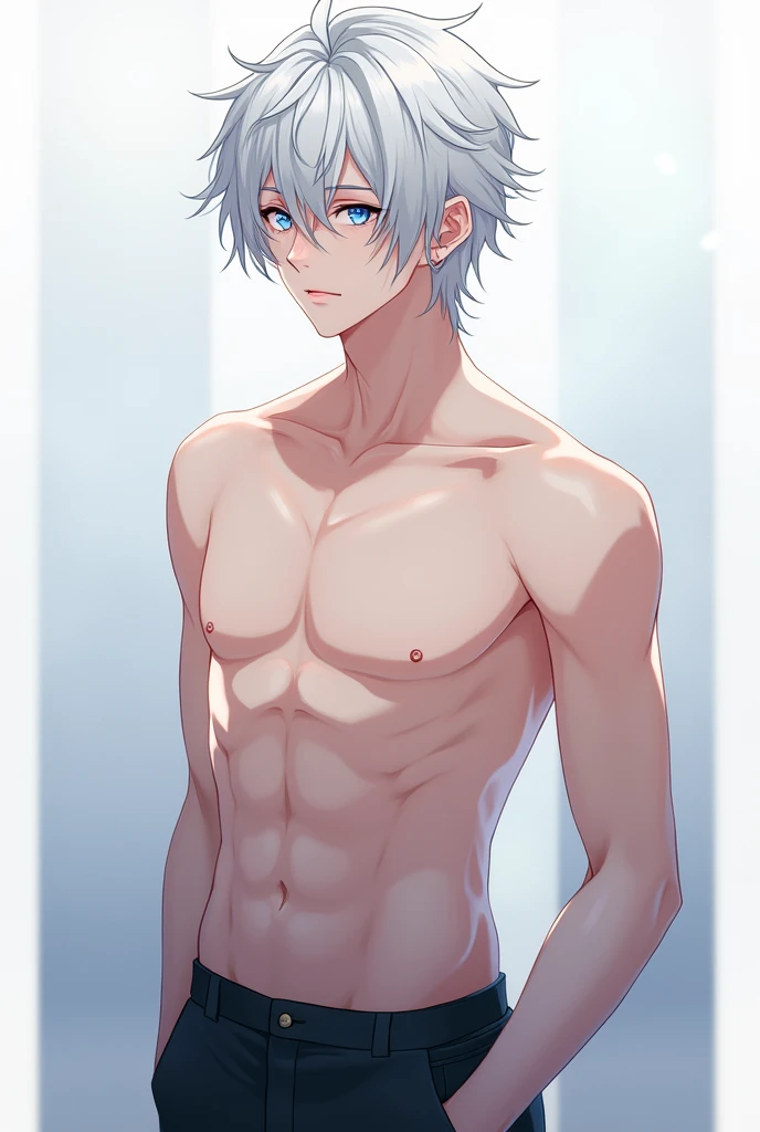 masterpiece, best quality, high quality,  1boy,,, male focus, full body, looking at viewer, white blue hair,spiky hairstyle, short hair, steam smork, japan style,  anime coloring, crying, home muji style, detailed face, topless, white towel on waist,finely eye and detailed face,bulge, onsen japanese style, wet towel