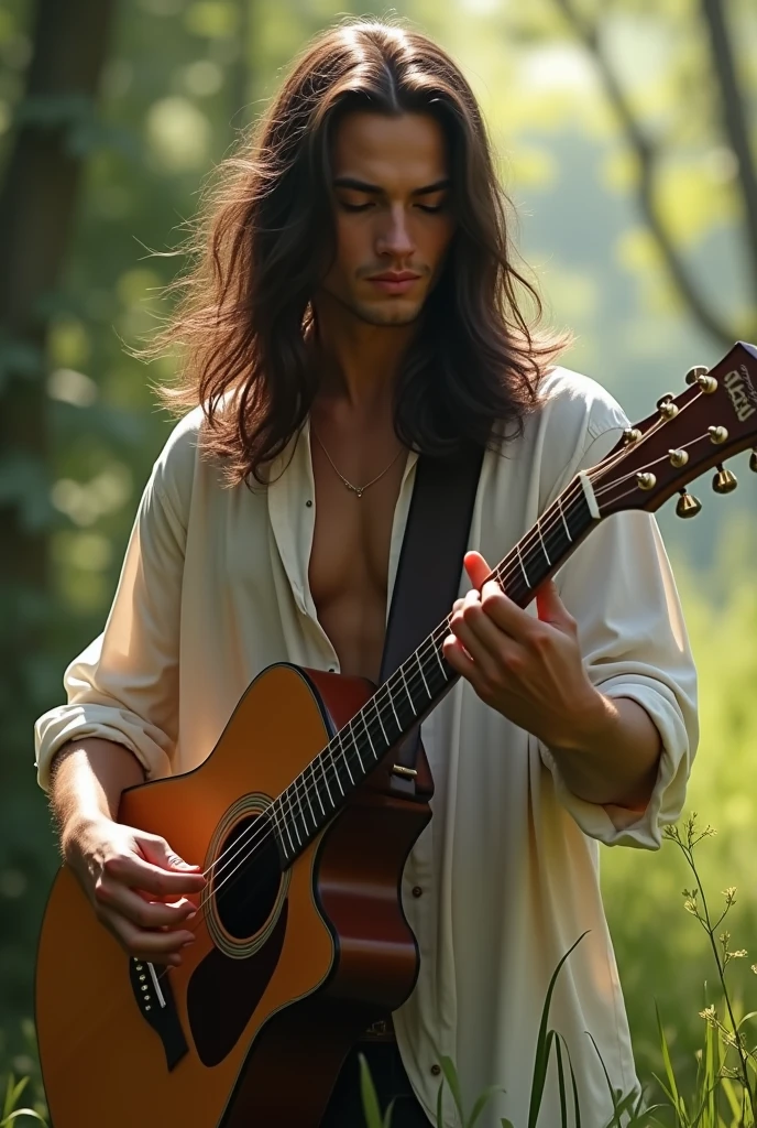1 man, muscular body, 18 years old, wearing no shirt, half body naked, and black micro thong, vibrant and energetic, playing guitar passionately, surrounded by a lush green garden with colorful flowers in bloom. (best quality,4k,8k,highres,masterpiece:1.2), ultra-detailed, (realistic,photorealistic,photo-realistic:1.37) medium, bokeh, portraits, vivid and warm color palette, sunset lighting.