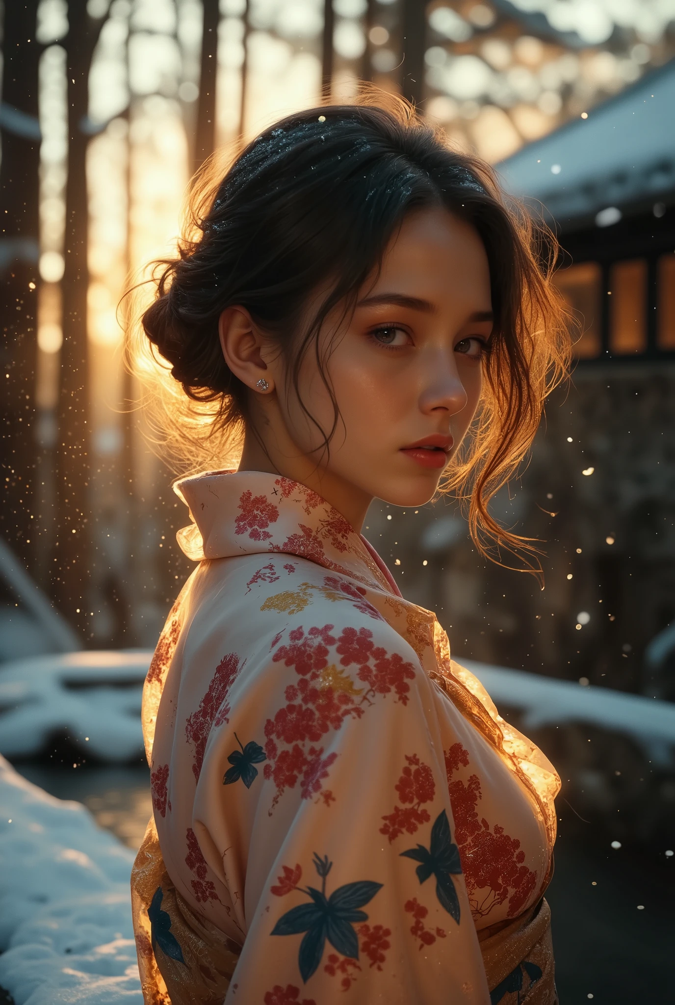 An award-winning 70s-style analog photograph of a beautiful Japanese woman standing gracefully near the edge of a steaming onsen during a tranquil Japanese winter. She wears an elegant yukata with intricate patterns of cherry blossoms, cranes, and waves in soft pink, deep red, and gold. Snowflakes gently fall around her, clinging to her flowing hair and the fabric of her yukata, while her serene expression reflects quiet contemplation.

The background features a traditional snow-covered onsen, surrounded by smooth stones and tall, snow-dusted pine trees. Rising mist from the steaming water contrasts with the cold, crisp air, as soft god rays filter through the branches, casting a warm golden light on the scene. The composition highlights her elegant form, the intricate details of her yukata, and the serene, ethereal beauty of a snowy Japanese winter onsen. The image has a distinct grainy 70s analog texture, lending a nostalgic and timeless quality.