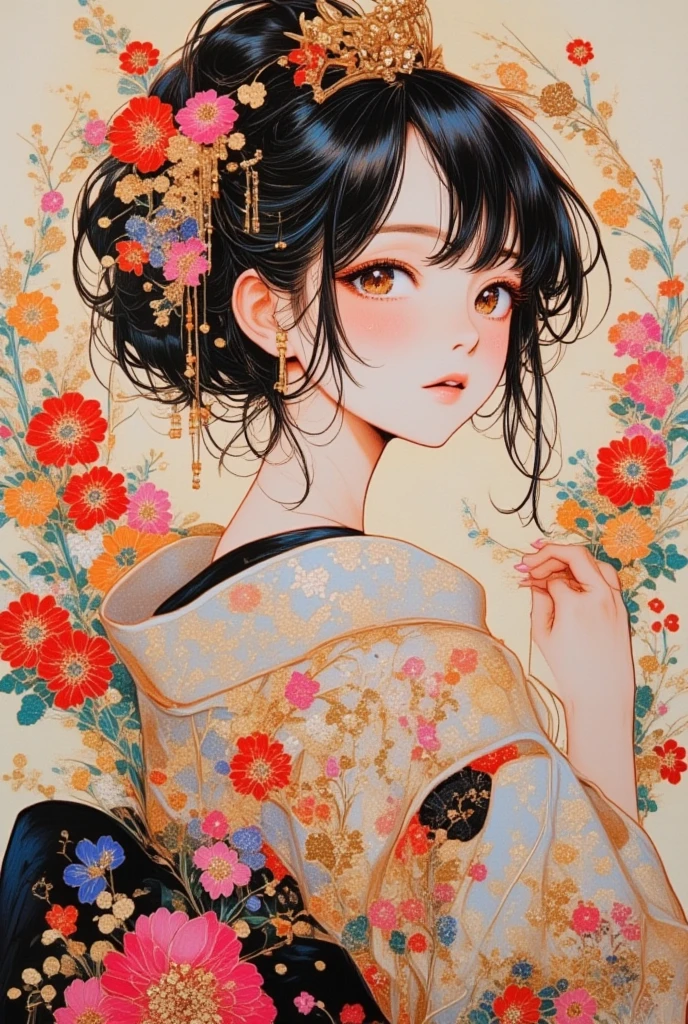 Woman in a yukata with flowers  ,  airbrush art  ワーク,    abstract surrealist masterpiece   , detailed   airbrush art  , The details are clear,   Airbrushed Painting  ,  airbrush canvas ,   Additional Details  , acrylic and spraypaint,  Details and Vivid Colors  ,   airbrush art  , soft   airbrush art  ワーク, fan, yukata is very detailed, Draw the whole body, cowboy shot, 