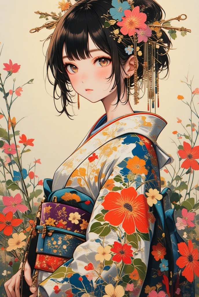 Woman in a yukata with flowers  ,  airbrush art  ワーク,    abstract surrealist masterpiece   , detailed   airbrush art  , The details are clear,   Airbrushed Painting  ,  airbrush canvas ,   Additional Details  , acrylic and spraypaint,  Details and Vivid Colors  ,   airbrush art  , soft   airbrush art  ワーク, fan, yukata is very detailed, Draw the whole body, cowboy shot, 