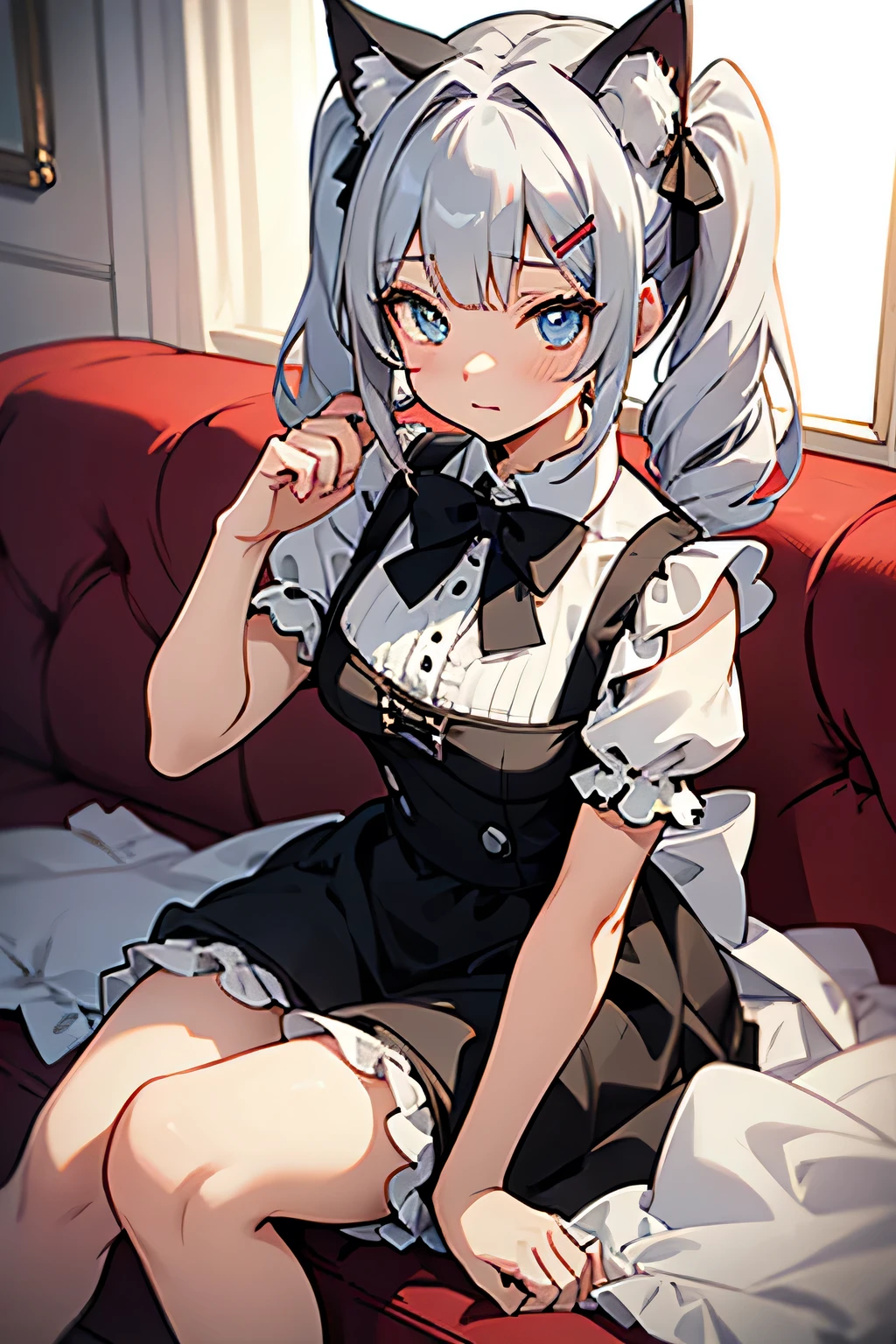 An anime-style illustration of a cute catgirl sitting on a red sofa. The character is a young girl with silver-gray hair styled in twin ponytails, adorned with blue hairpins. She has fluffy black and white cat ears, blue expressive eyes, and a soft, shy expression on her face. She is wearing a black and white frilly maid outfit with a bow tie, puffed sleeves, and lace accents. The setting is a cozy, well-lit room with a red couch as the main piece of furniture. The character's pose is relaxed, holding the edge of her dress lightly, and her pale legs are visible. The lighting is soft and natural, highlighting her face and outfit details. The overall tone is detailed, clean, and polished, with a focus on her cute and elegant appearance. High-quality, vibrant colors, soft shading, and intricate details on the character's outfit and hair, anime, detailed, soft shading, vibrant, high quality, cute, catgirl, maid outfit, cozy setting